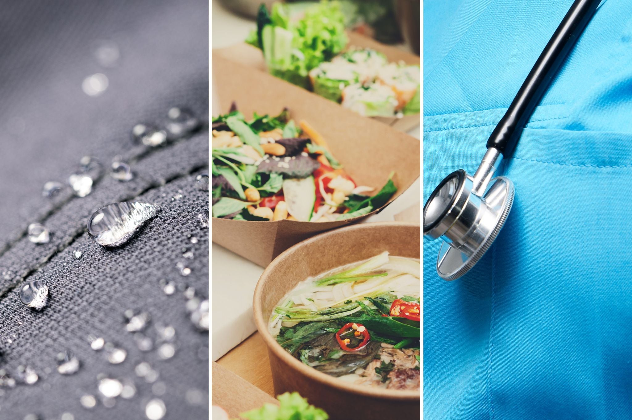 Collage of Waterproof Clothing, Recyclable Food Packaging and Medical Scrubs