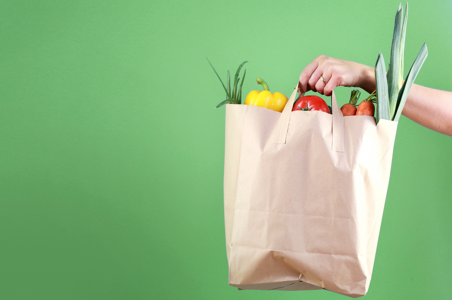 Person holding paper bag filled with groceries against green background